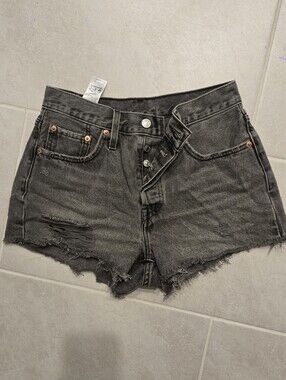 Levi's Faded Black Distressed High-Rise Denim Shorts - Size 28
